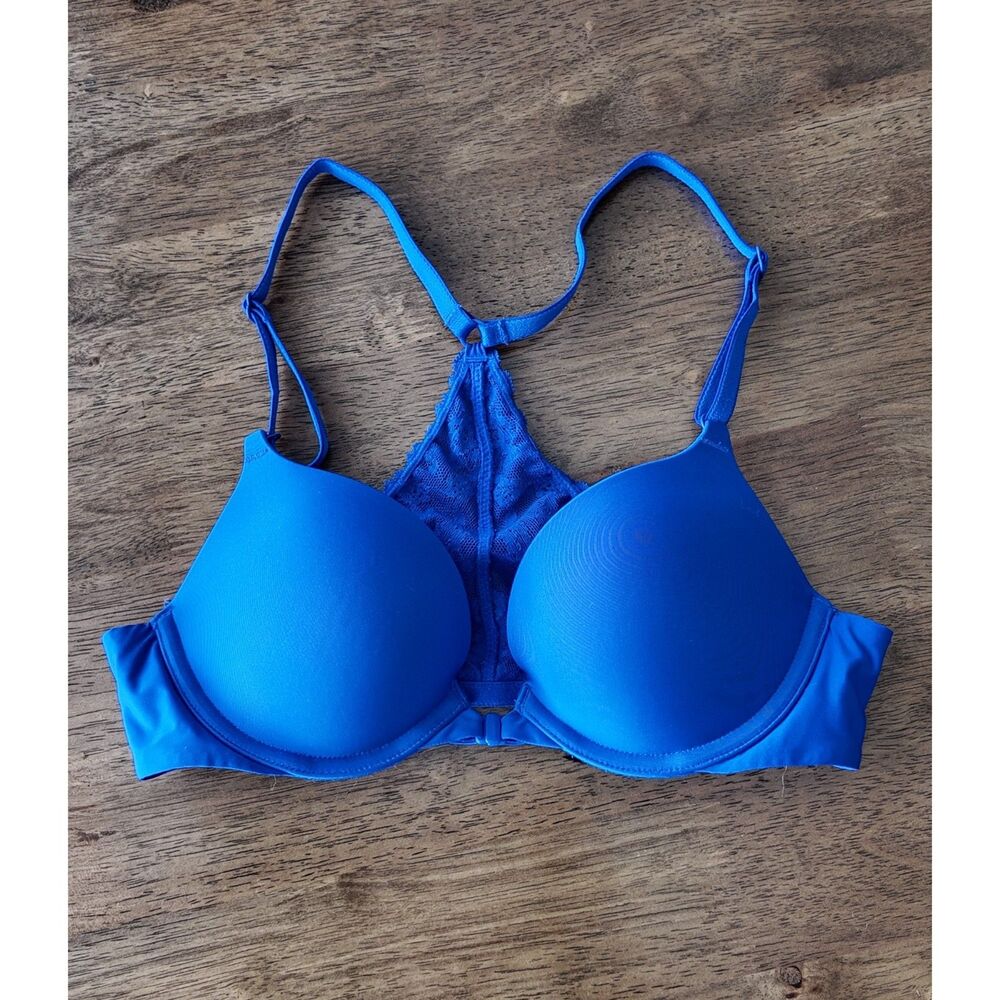 Victoria’s Secret Blue Push Up Bra 34A Lace Racerback Front Closure